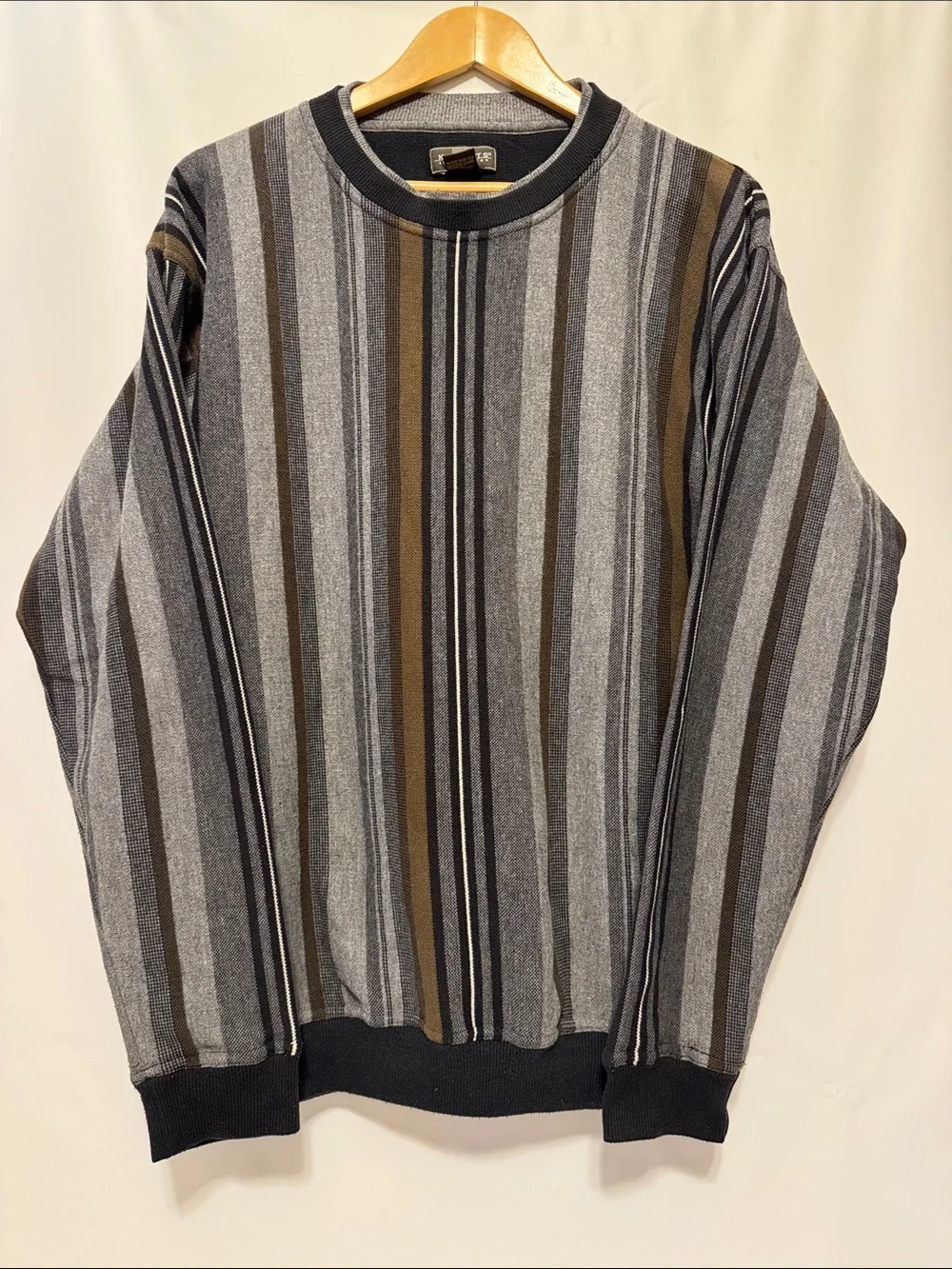 Vintage 90s Knights Sportswear Brown/Gray Vertical Striped Crewneck Sweater